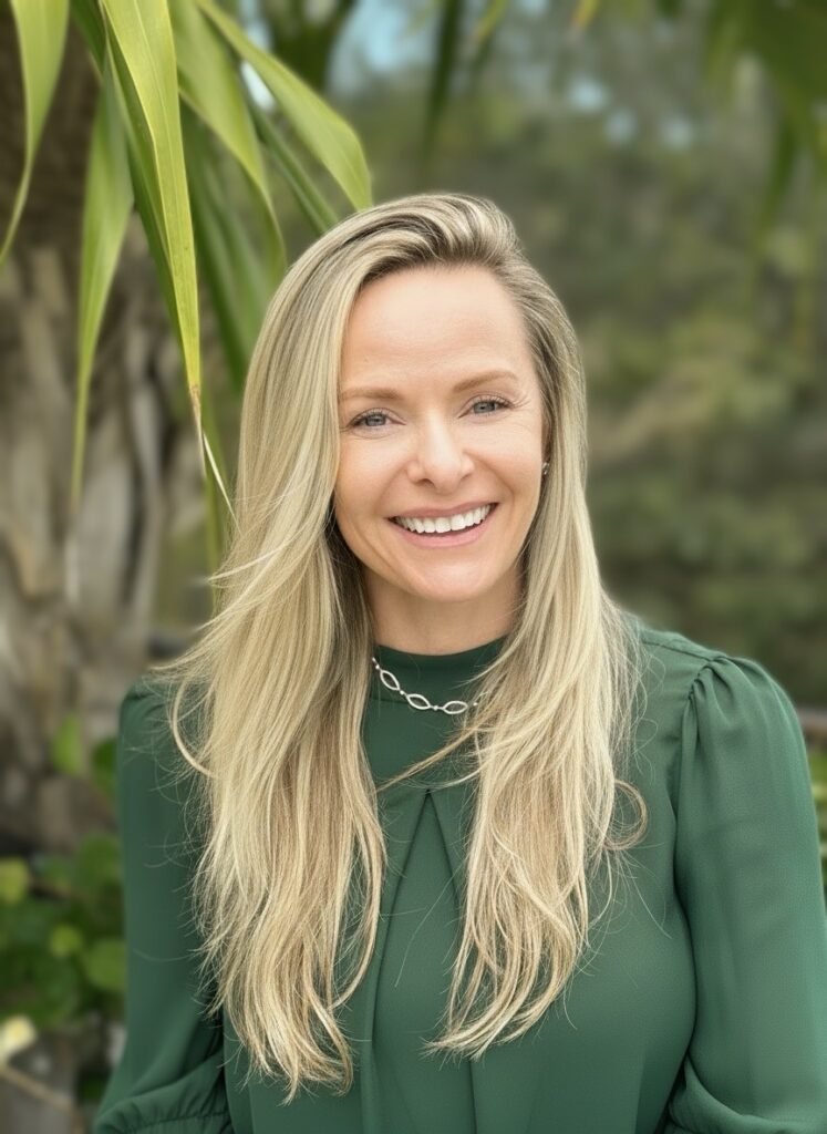 Interior designer Palm Beach Jenn M Estrada smiling outdoors — expert in calm, timeless home transformations.