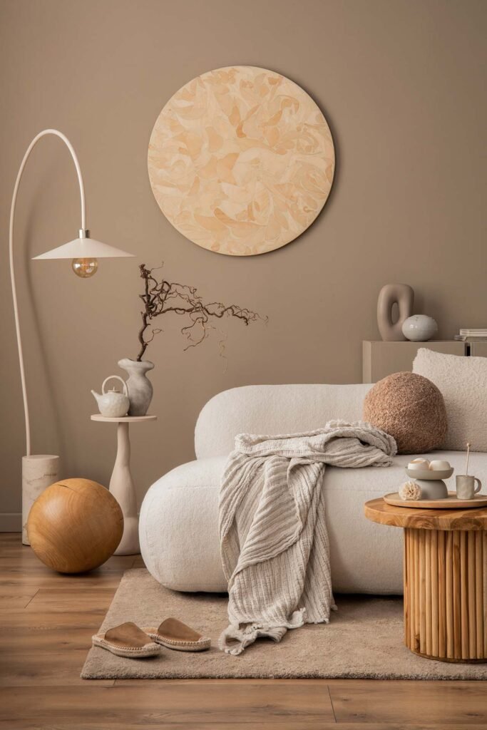 Soft neutral living space with modern décor, inviting users to explore their design style through the interior design process quiz.